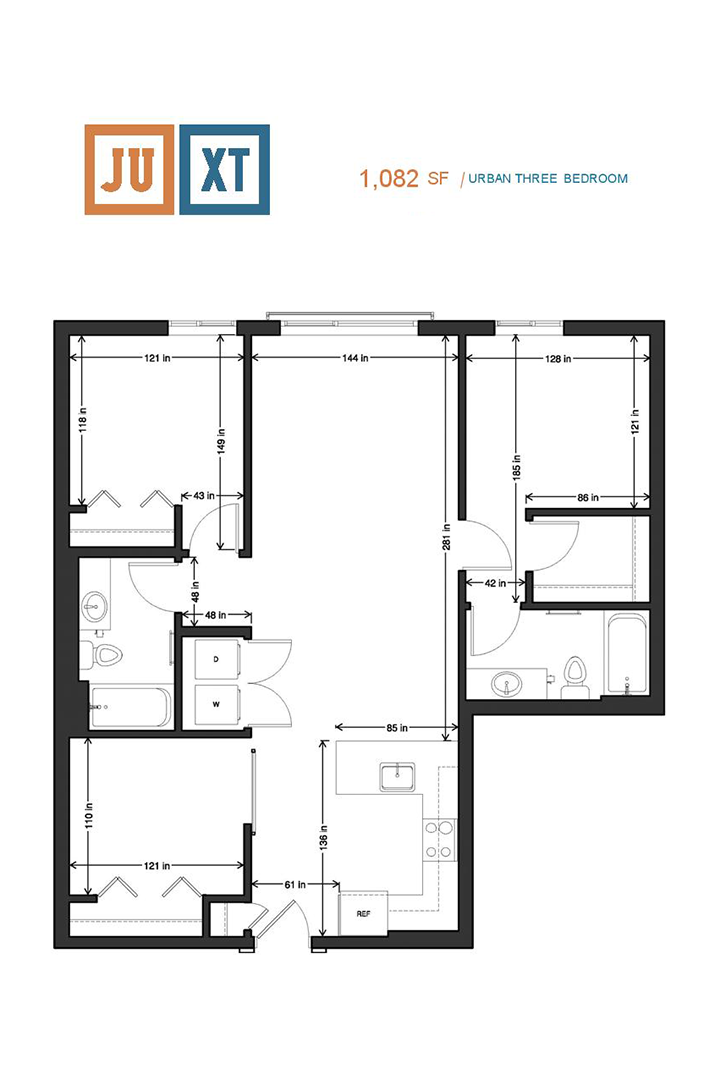 Floor plan for 3 beds, 2 baths, 1088 sqft